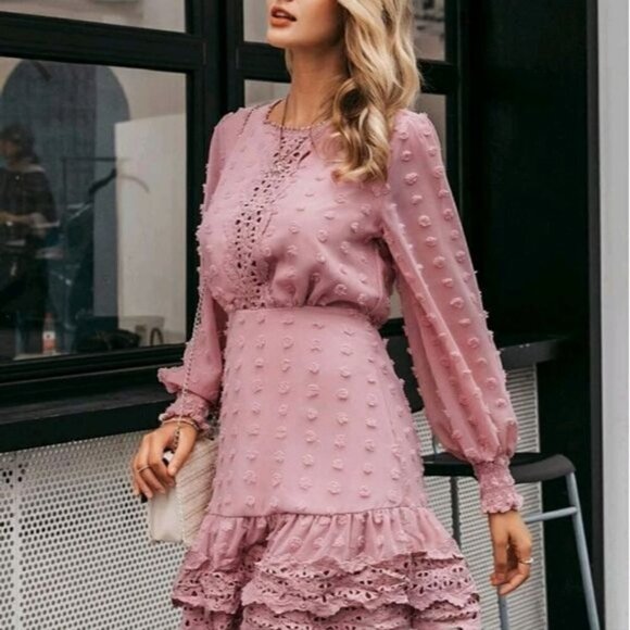 CONTRAST LACE BLUSH POLKA DOT GLAMOROUS DRESS - Picture 12 of 16